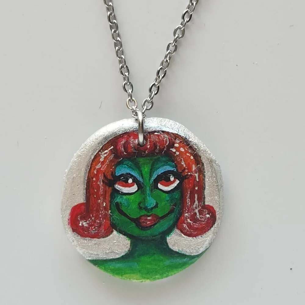 Unique colourful green witch pendant on a dainty silver chain - Picture 5 of 13